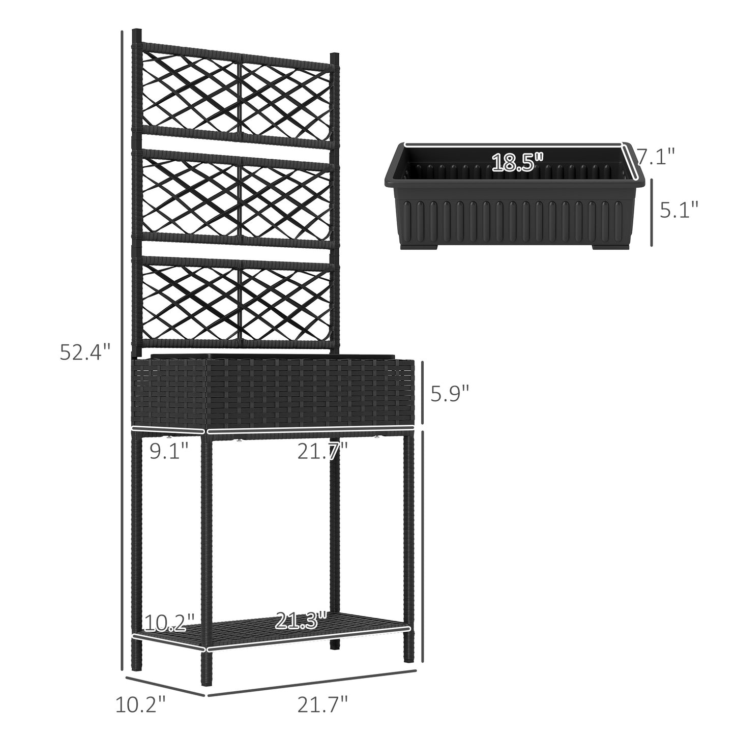 Wicker Planter with Trellis & Storage Shelf - Black