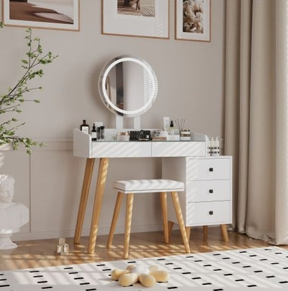 LED Dressing Table with Mirror & Stool - 5 Drawers