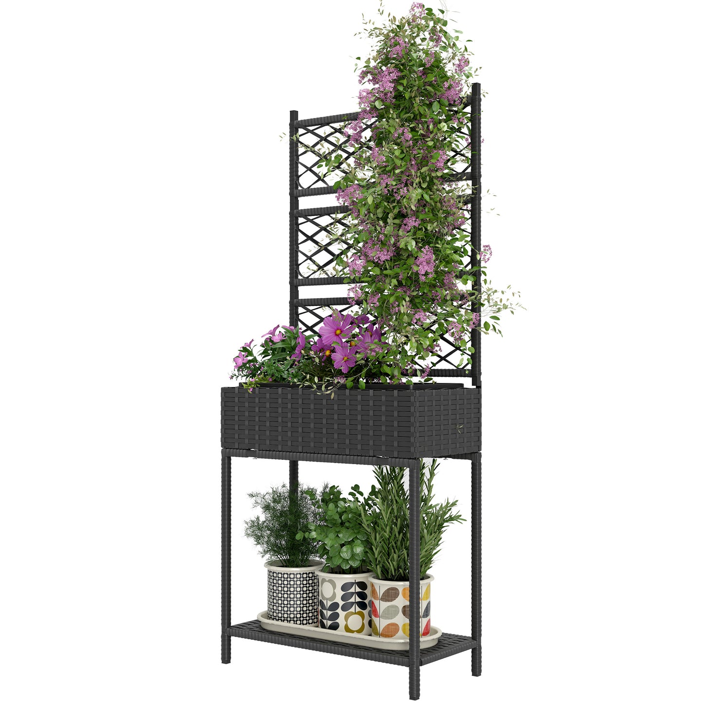Wicker Planter with Trellis & Storage Shelf - Black