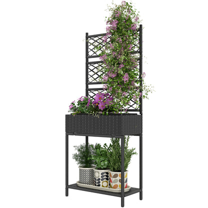 Wicker Planter with Trellis & Storage Shelf - Black