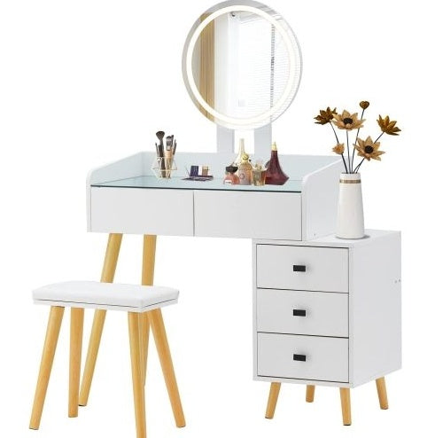 LED Dressing Table with Mirror & Stool - 5 Drawers