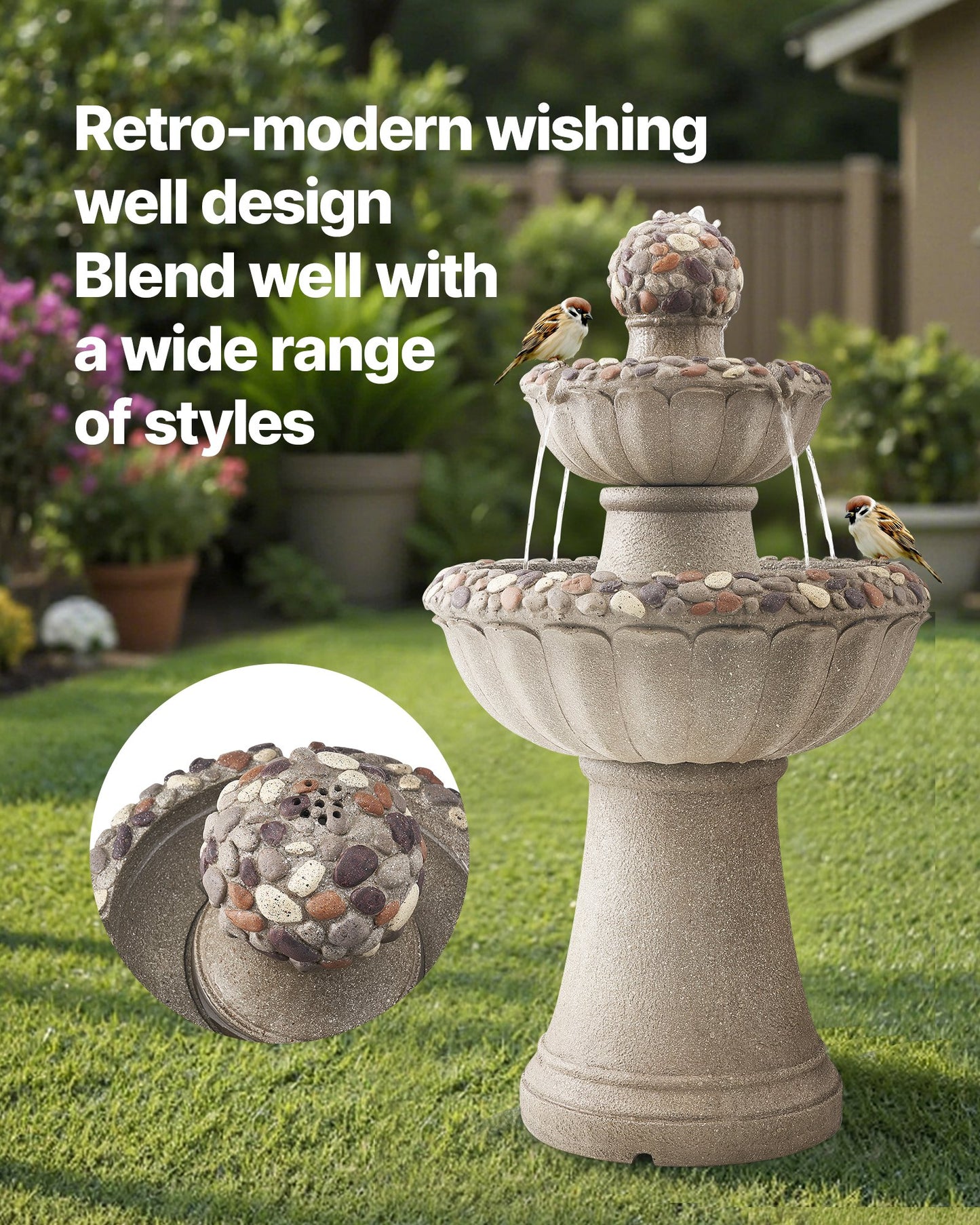 2-Tier Outdoor Water Fountain - 36.5" Rock Base Style