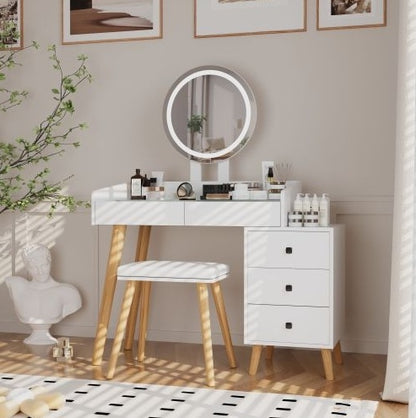 LED Dressing Table with Mirror & Stool - 5 Drawers