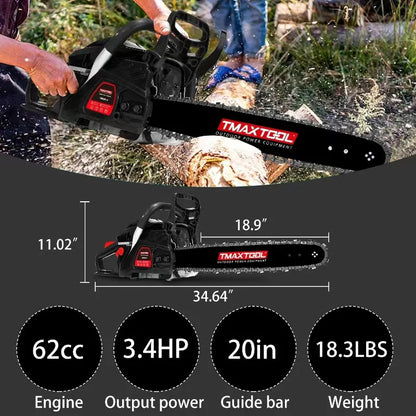 62cc Gas Chainsaw 20 Inch - 2-Stroke Engine