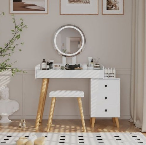 LED Dressing Table with Mirror & Stool - 5 Drawers